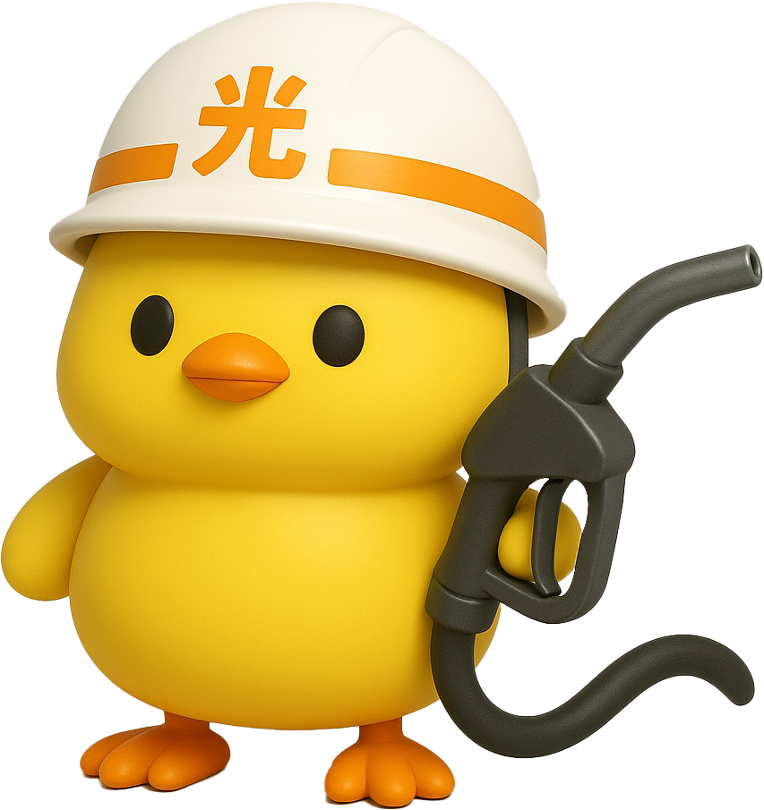 光のヘルメットをかぶったヒヨコのキャラクター